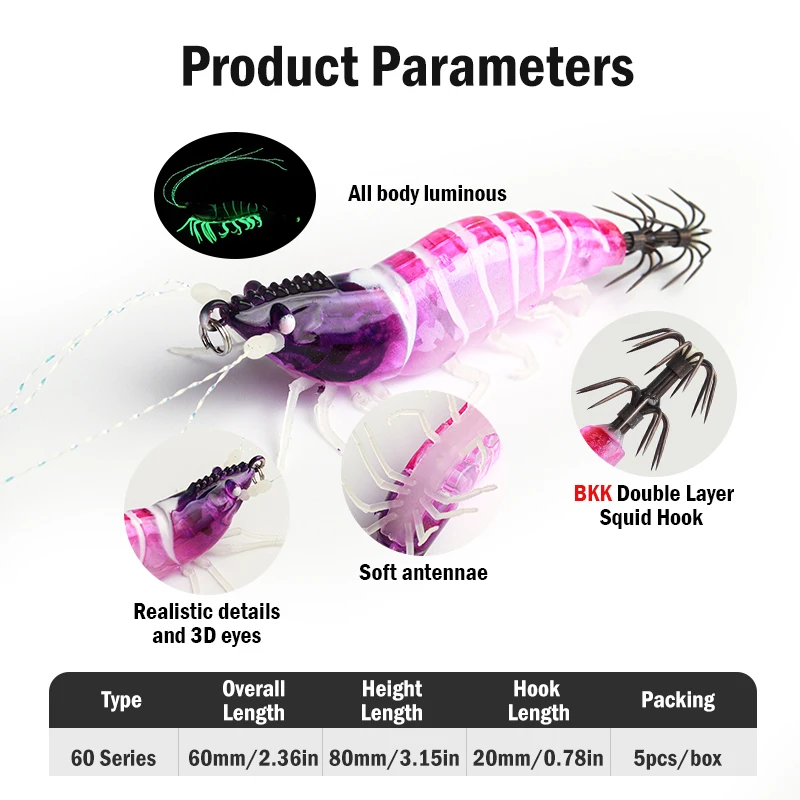 مضيئة خطاف صيد على شكل سمكة الروبيان الحبار Bkk هوك الصيد السحر 80 مللي متر 5 قطعة/المجموعة الأخطبوط الحبار الروبيان المياه المالحة الطعوم #2