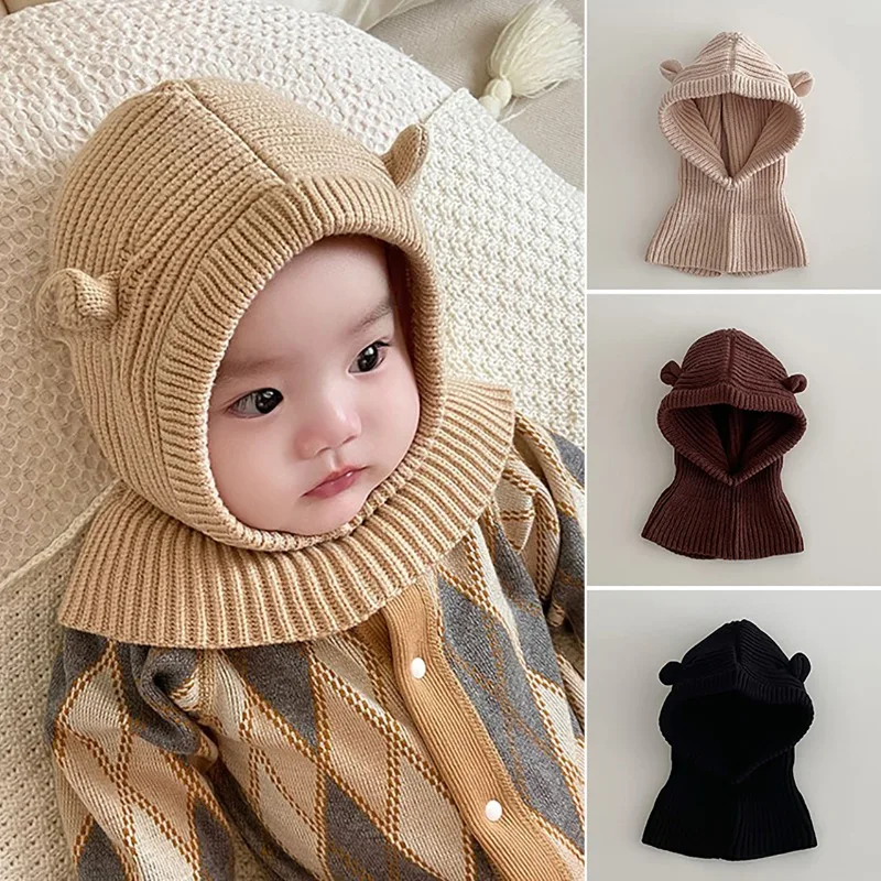 

Winter Knit Balaclava Hat for Baby Cute Cartoon One Piece Scarf Cap Kids Thickened Warm Ear Protection Woolen Beanies Caps