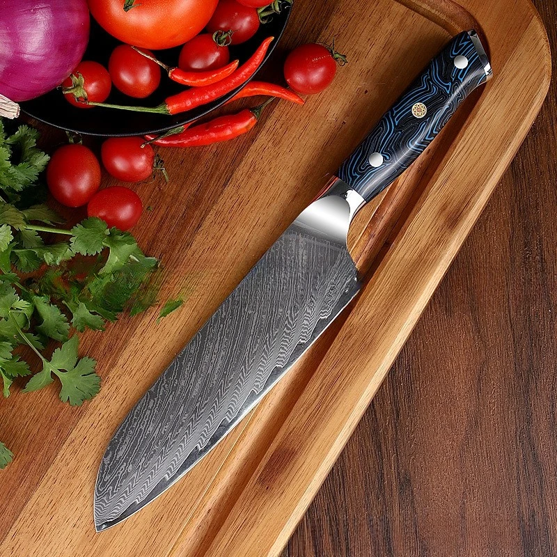 RHON Damascus Steel Santotku Knife 7inch Sharp Blade G10 Handle Japanese Kitchen Utility Meat Slicing Vegetable Cutting Knives