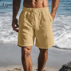 Vintage Solid Color Linen Shorts For Mens Spring Summer Casual Beach Shorts Leisure Loose Drawstring Lace-up Shorts Men Vacation