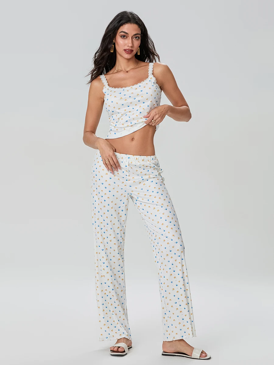 Women'S Summer Casual Home Sleepwear Set With White Printed Lace Trimmed Vest Elastic Waist Pants  Sleepwear