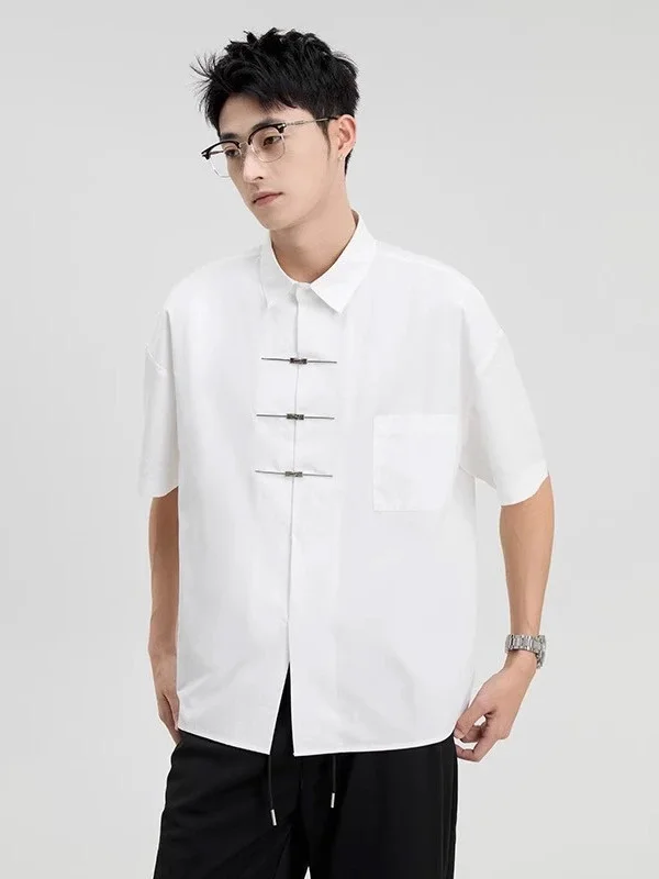 

New Chinese Sle Ice Silk Men's Casual irt White ort Sve High End Tang Costume Summer Faionable Top Loose Fit Polye...