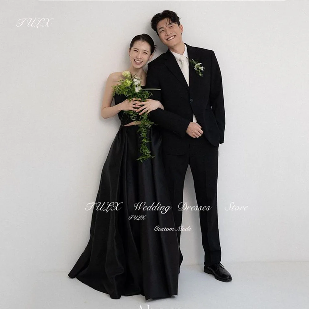 

TULX Korea Simple Black A Line Wedding Dress Photoshoot Strapless Satin Bridal Gowns Floor Length Corset/Zip Back Custom Made