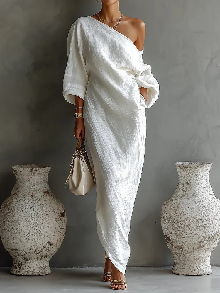 

Сексуальное асимметричное женское платье с вырезами и открытыми плечами, белое, для вечеринок, весна-лето, с пышными рукавами, свободное, длинное