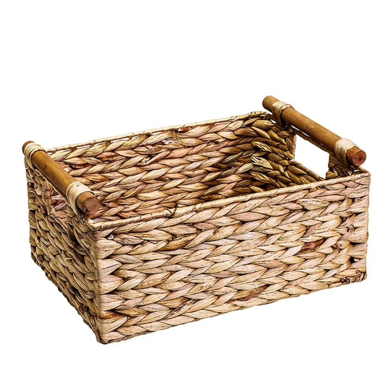 Wicker Basket Rectangular with Wooden Handles for Shelves,Water Hyacinth Basket Storage,Natural Baskets for Organizing B