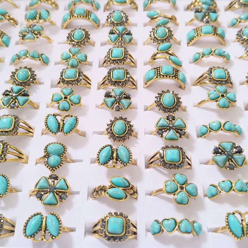 Bohemian Vintage Flower SYN Turquoise Geometric Ring Sets Mixed Random Women Daily Ring Decor Accessories Gifts  Finger Jewelry