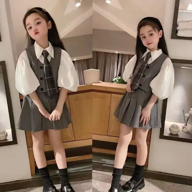 Schoolgirl Clothing Sets 3PCS Blouse+Skirts+Vest Girls School Suit Kids Fashion Kids Uniforms Costume Sets Outfit E3936