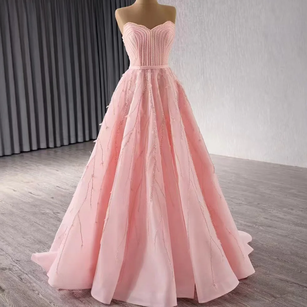 

Luxury Pink Sweetheart Evening Dress Sleeveless Lace-Up Back Sequined Pearls Customizable 2026