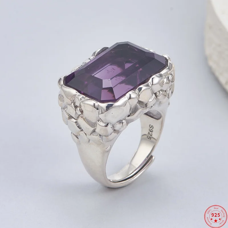 

Кольца из стерлингового серебра 925 пробы для женщин и мужчин, текстурированный узор, инкрустация, спутывающий самолет, натуральный аметист, модные ювелирные изделия в стиле панк, оптовая продажа