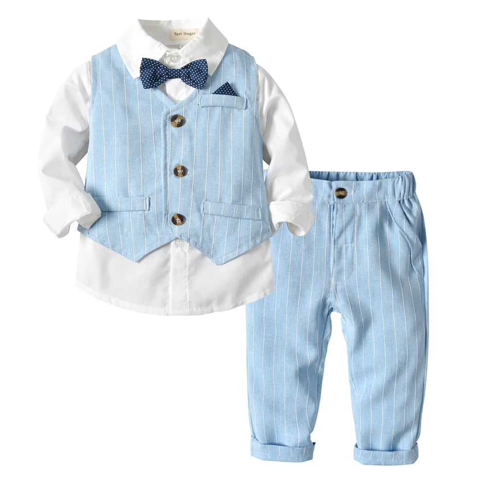 Trajes para niños, Blazers, trajes para boda, fiesta Formal, chaleco a rayas para bebé, camisa, pantalones, ropa de abrigo para niños, conjunto de