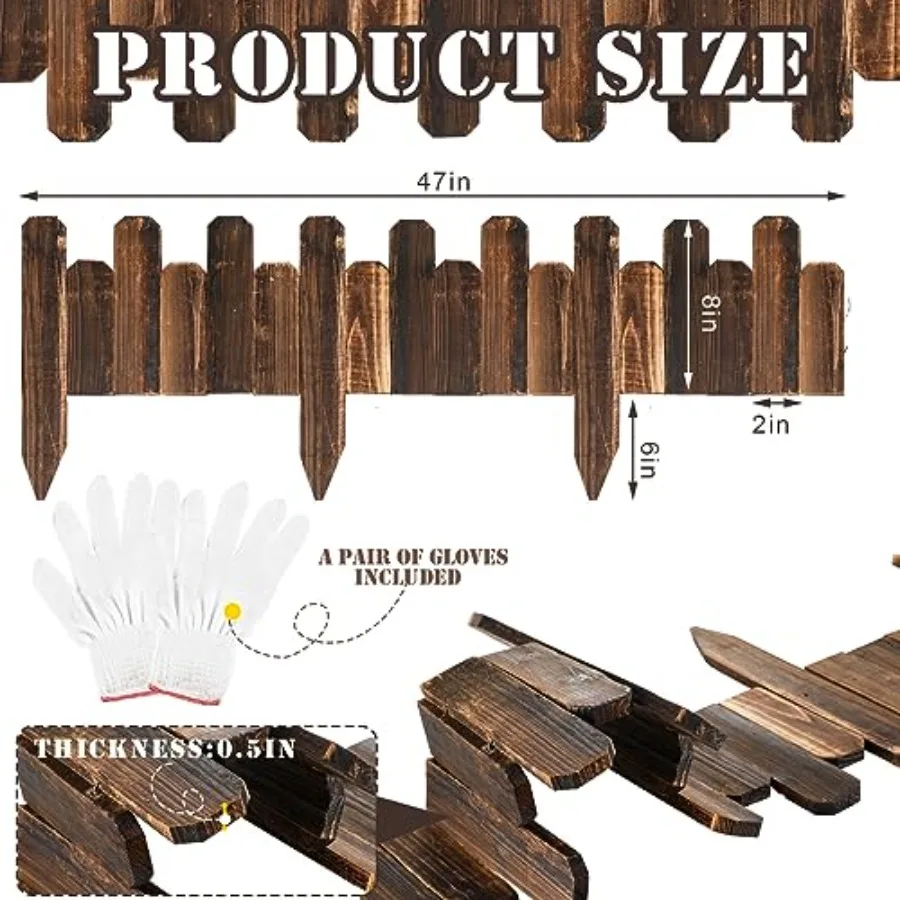 12 Pcs Staggered Wood Garden Edging Border Short Picket Fence Burnt Wood Finish Outdoor Landscape Flower Bed Decorativ