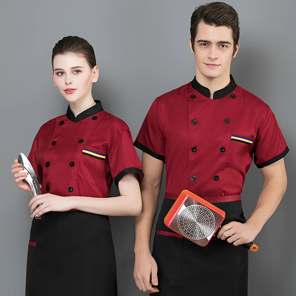 Men Chef Coat Cook Uniform Short Sleeve Cooking Jackets Food Service Tops Restaurant Kitchen Work Clothes Bakery Job Wear Shirts