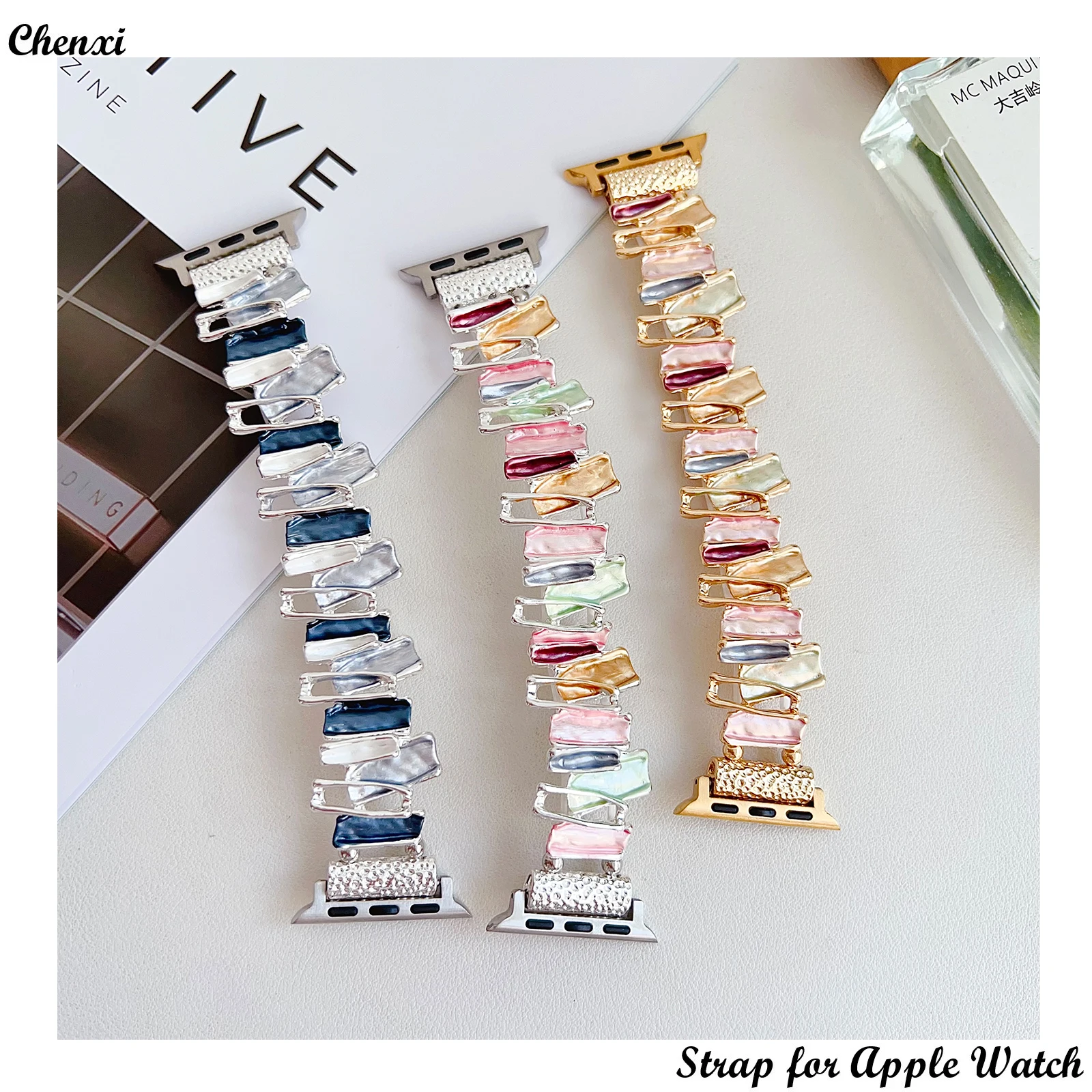 

Metal Strap for Apple Watch Band With Irregular Geometry Bracelet 987645 3Elastic Belt for Iwtch38 40 41mm 42 44 45 49mm Wrist