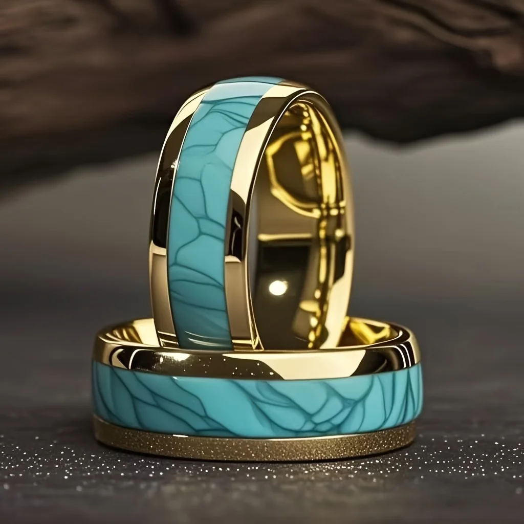 Unique Turquoise Stone Inlay Gold Color Steel Ring Fashion Engagement Wedding Band Jewelry Ocean Style Stainless Steel Ring