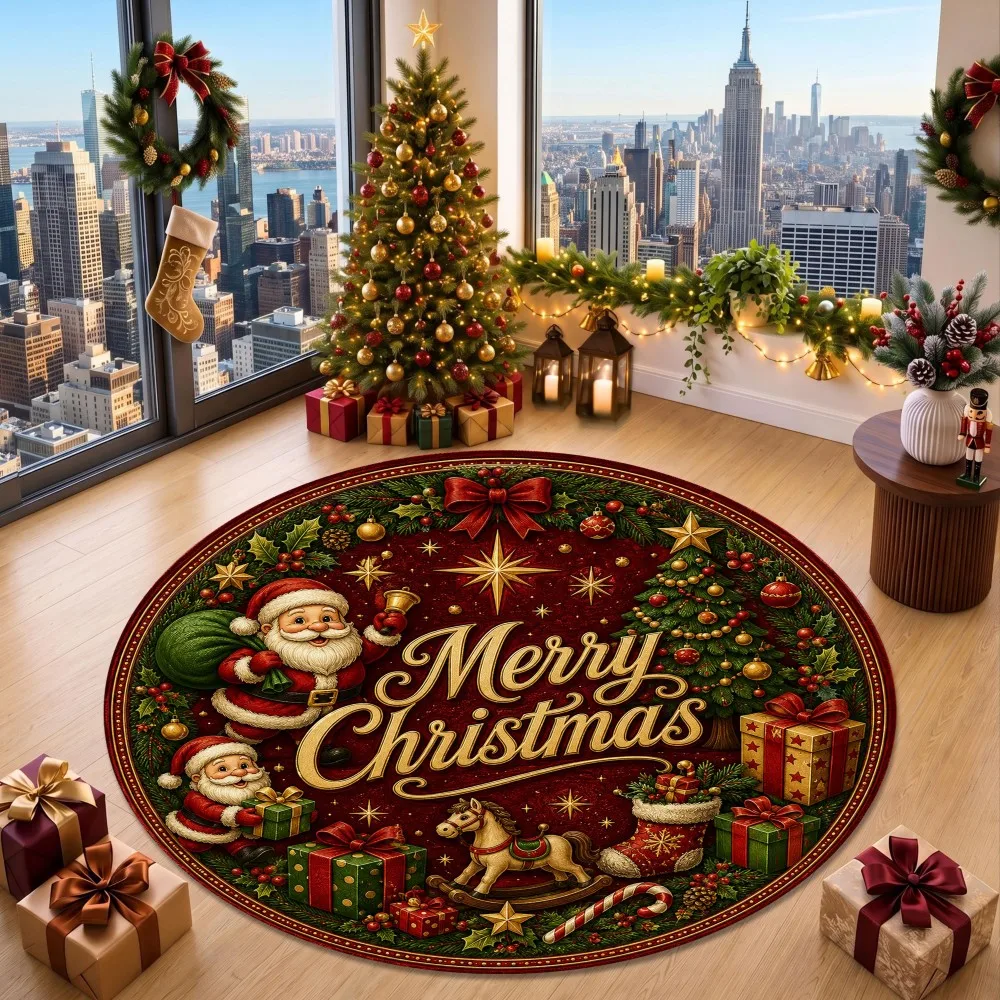 Santa Sleigh Reindeer Area Rug Window Side Floor Mat Home Decor Balcony Fireplace Corridor Entryway Circle Carpet