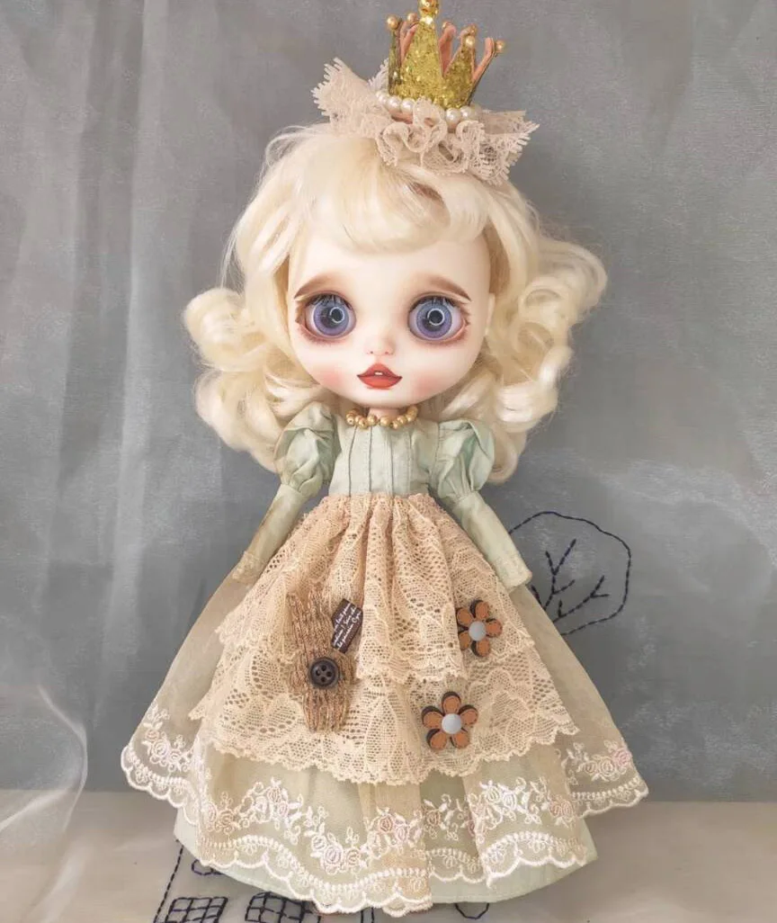 Tea dyed retro princess style 3pcs Blythe doll dress skirt, apron, hair accessories1/6 BJD 30cm for Pullip,Ob22,Ob24, Licca