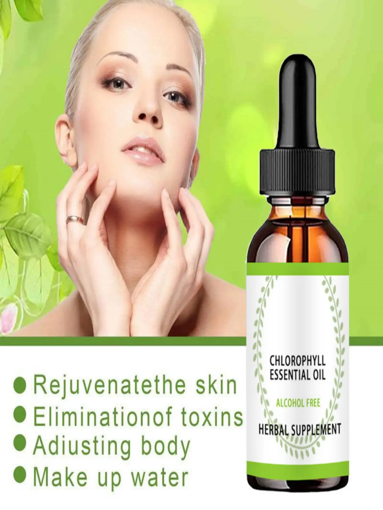 chlorophyll essence oil shrinks pores, reduces fine lines, nourishes skin, and cleans face