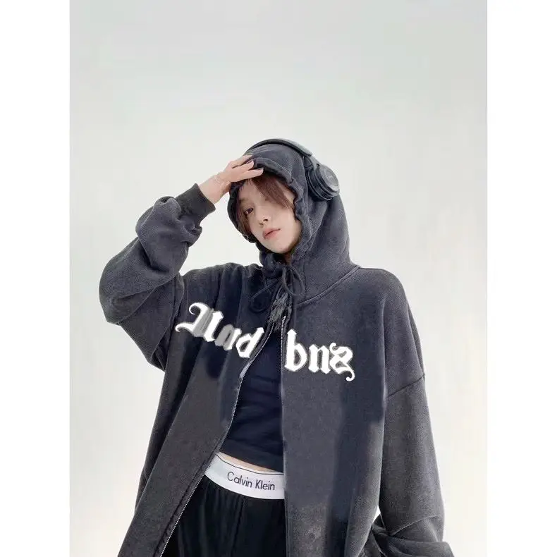 

Кардиган-худи унисекс большого размера (до 300 фунтов) с эффектом потертости и принтом, осенне-зимняя новинка, куртка с узором «Кости»