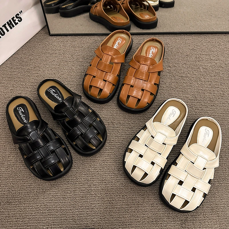 2024 Female Shoes Loafers Cover Toe Ladies\' Slippers Low Mules for Women Fretwork Heels New Flat Retro Rubber Slides Fabric