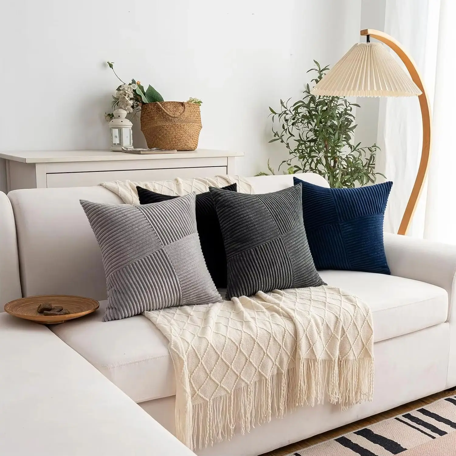 

Light Gray18x18 Inch Boho Corduroy Striped Patchwork Cushion Case Farmhouse Home Decor Bedroom Bed LivingRoom Sofa PillowCovers