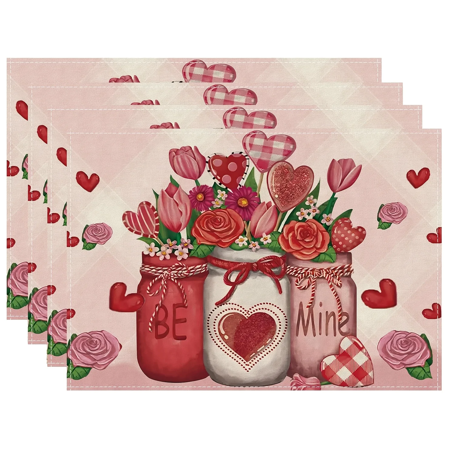 Valentine's Day Heart Rose Tulip Mason Jar Print Rectangular Placemats Romantic Holiday Dining Table Decor Table Mats 4/6/8PCS