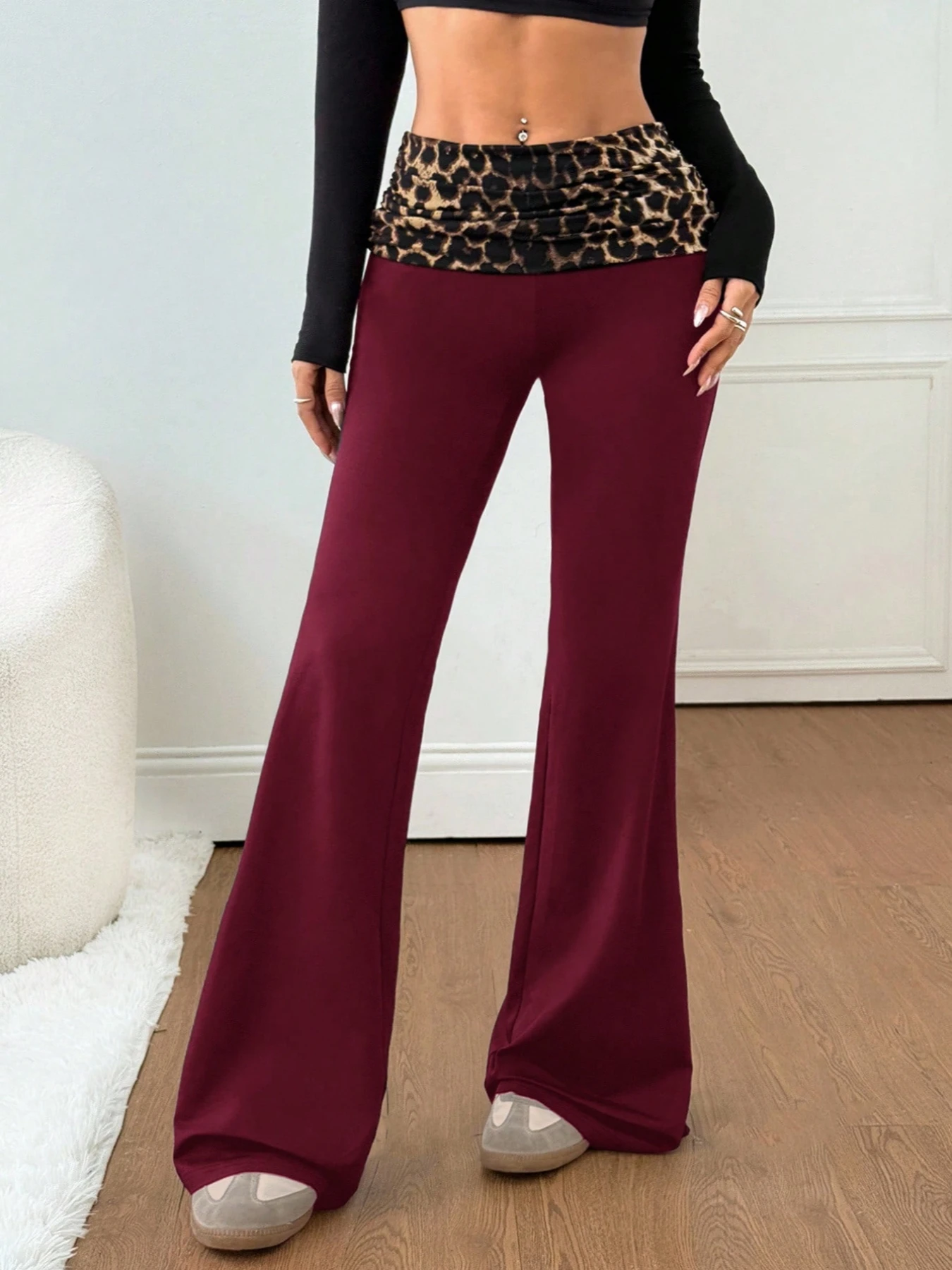 Summer New Women's Fashion Color-Block Leopard Print Flared Pants Slim Fit Skinny Drop-Waist Sporty Casual Yoga Long Trousers