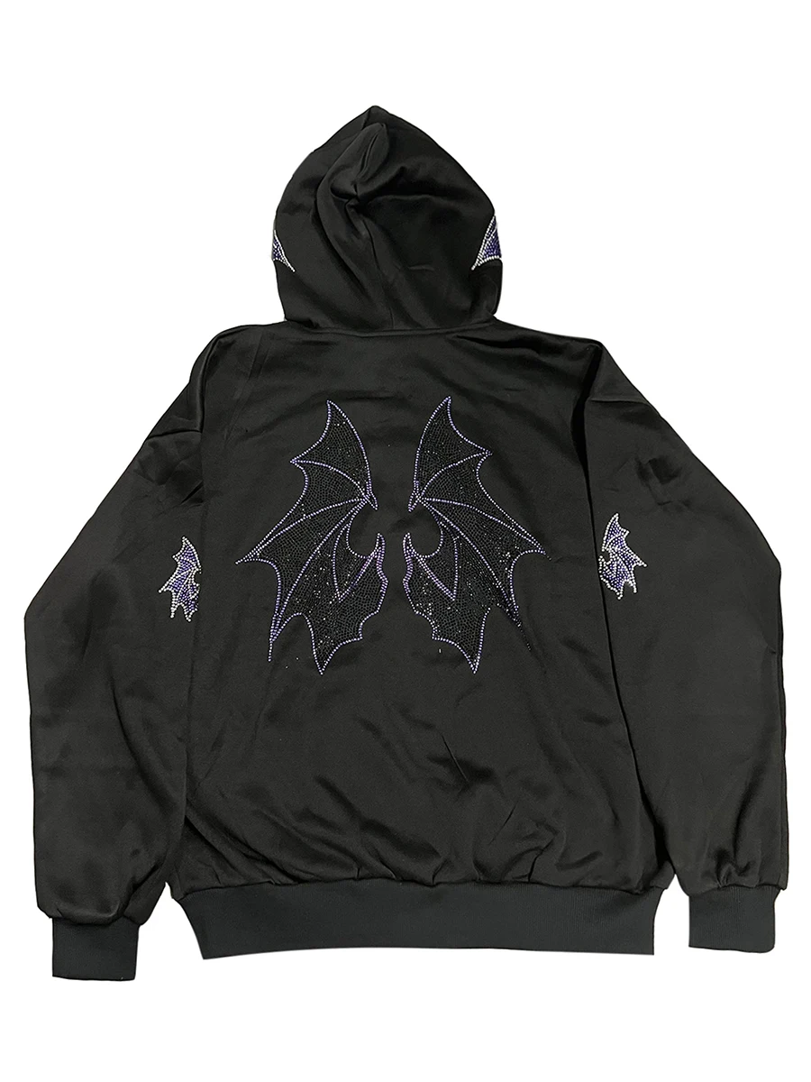 Damska czarna bluza z kapturem, zdobiona cekinami, stylowa bluza z długim rękawem, zapinana na zamek i z przednią kieszenią.