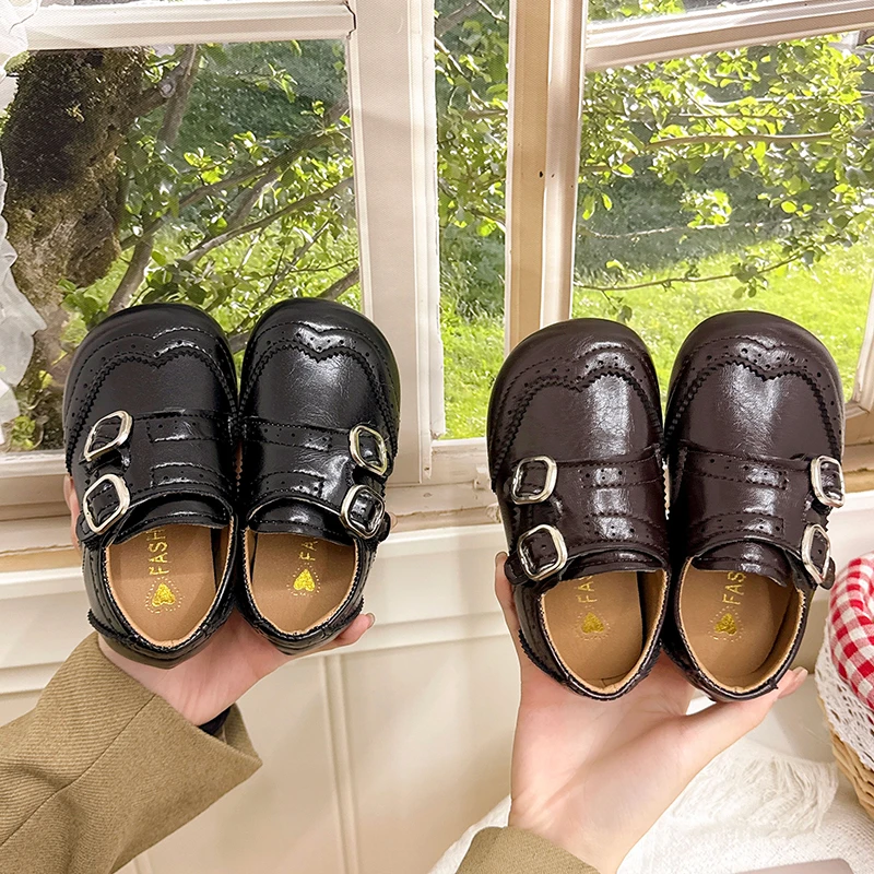 Unisex Boys Girls Buckle Strap Loafers 2026 New Autumn Toddler Carved Leather Shoes Non-slip Simple Classic School Party Flats