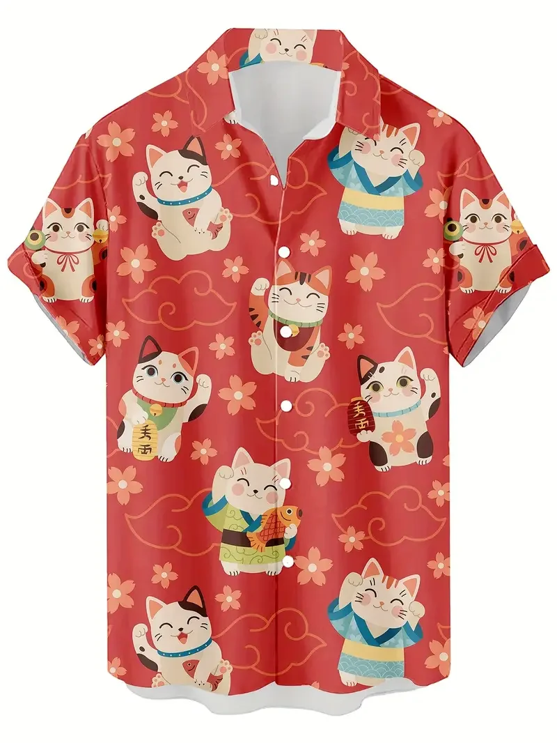 Camisas Unisex a la moda para hombre, ropa informal con estampado de gato bonito para uso diario, camisa de manga corta con estampado 3D, camisas hawaianas para hombre, Top Harajuku 2025