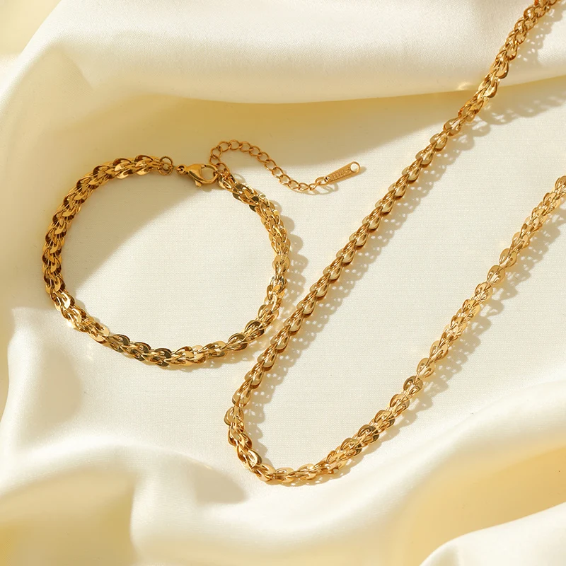 EILIECK 316L Stainless Steel Metal Gold Color Light Chain Neckalces Bracelet Set For Women New Trendy Jewelry Collar Bijoux Gift image 2