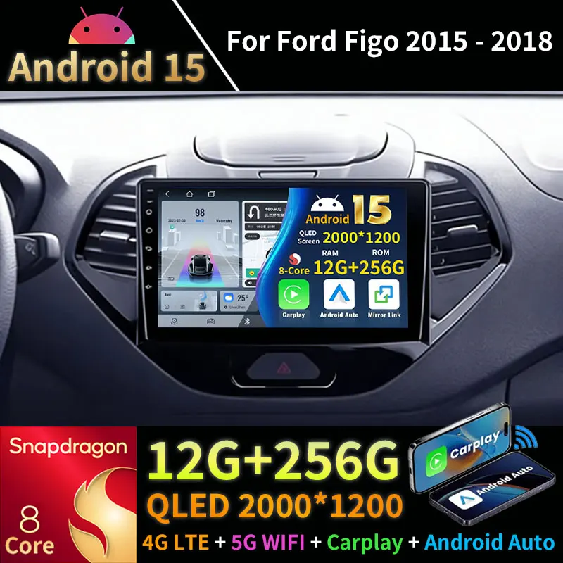 Radio para Auto con Android 15 para Ford Figo 2015-2018, Reproductor Multimedia de Video, Carplay Inalámbrico, Android Auto, Navegación GPS, Estéreo, 4G, Bluetooth