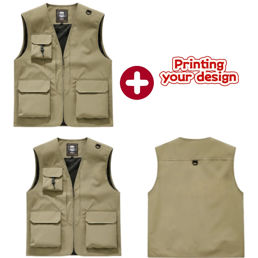 2026 Men's Team Workwear Vest Outdoor Multi-Pocket Photographer Fishing Vest Logo Printable Work Uniform Director Grip Clip