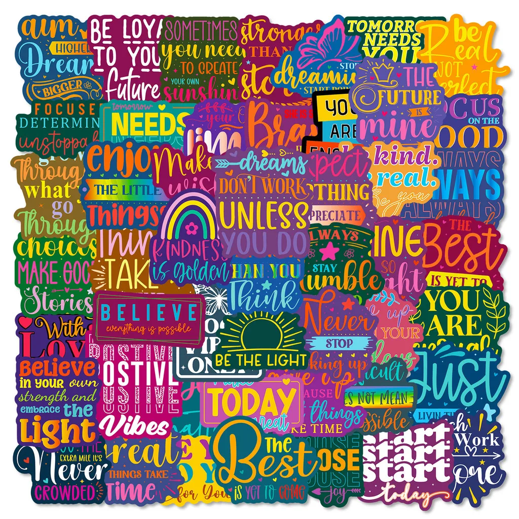 50Pcs Inspirational Text Doodle Stickers, Colorful English Quote Decals for Journal & Stationery DIY Decor Papery Pop Store