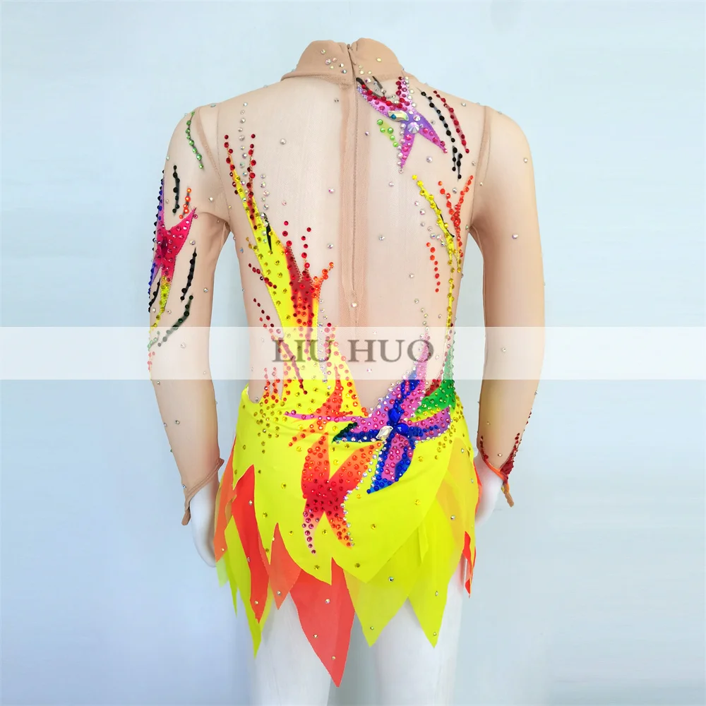 LIUHUO Rhythmic Gymnastics Leotard Customize Women Girl Costume Performance Competition Dance Dress Aerobics Yellow Ice Skating