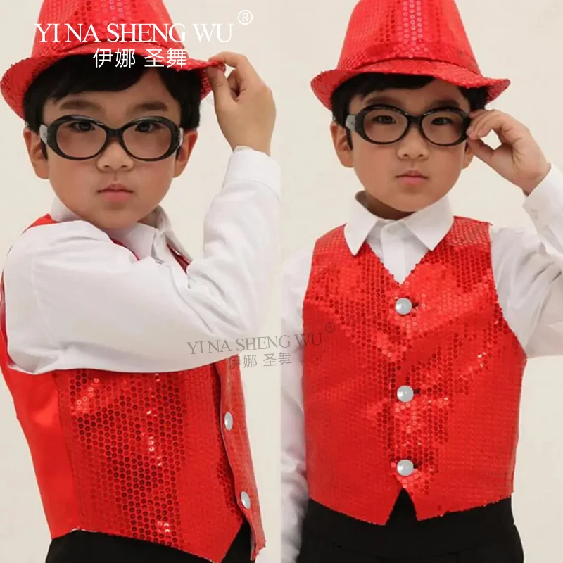 Jazz Dance Kostüm Pailletten Weste + Hut Set Kinder Jungen und Mädchen Hip Hop Street Dance Bühne Leistung Tragen Weste und Hut