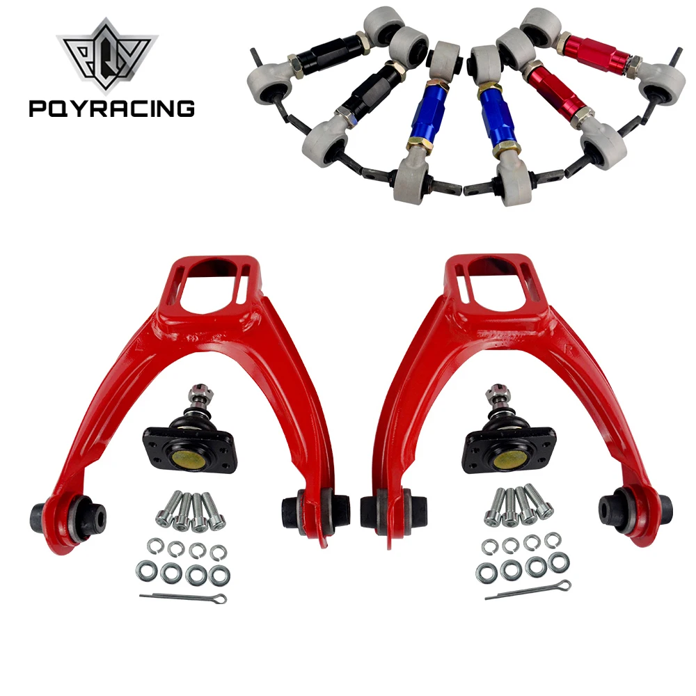 PQY - FRONT UPPER CONTROL ARM TUBE CAMBER KIT  FOR 96-00 CIVIC  LX DX EK EJ TUBULAR + 92-00 Adjustable Rear Camber Arms RED