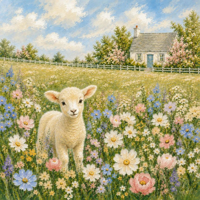 DIY 5D Diamond Painting, Cute Lamb in Wildflower Meadow, Hobby Craft for Home Wall Decor, Ideal Gift for Art Lovers
