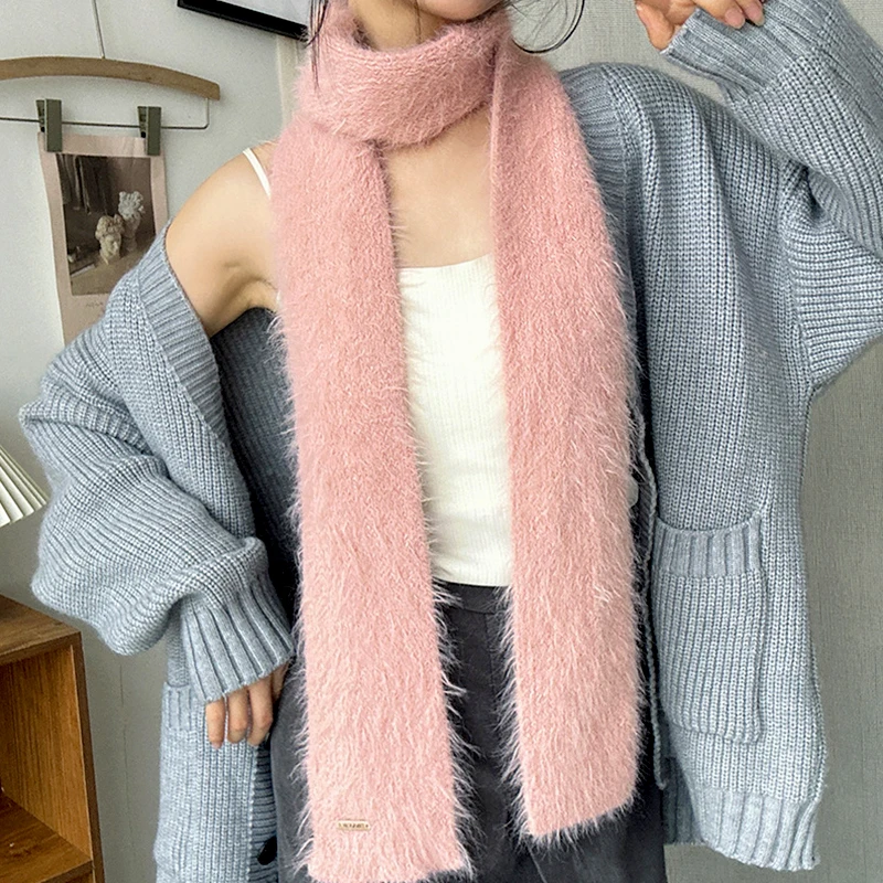 Korean Y2K Long Warm Mink Fur Scarf Plush Warm Knitted Shawl Fashion Imitation Skinny Scarves