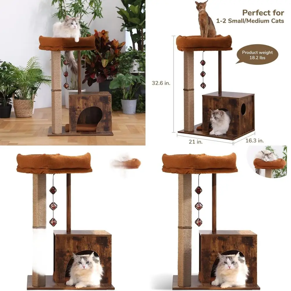 

Modern Square Post Cat Tree with Wooden Tower, Silvervine Balls, and Retro Style Scratcher for Indoor Cats (Solid Wood)