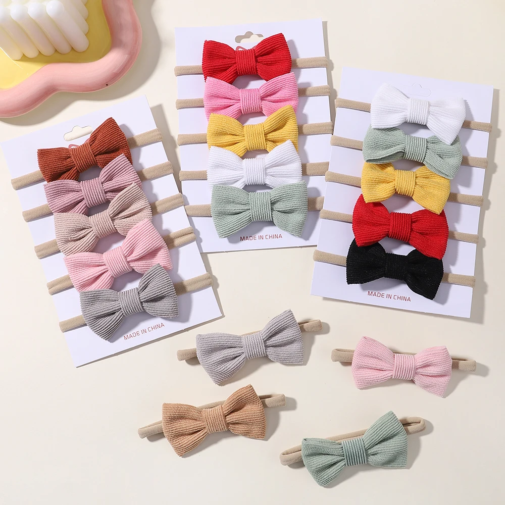 5Pcs/Set Corduroy Bow Headbands Elastic Headwear  Kids Nylon Turban Bandana Girls Newborn Baby Hair Accessories Gift Wholesale