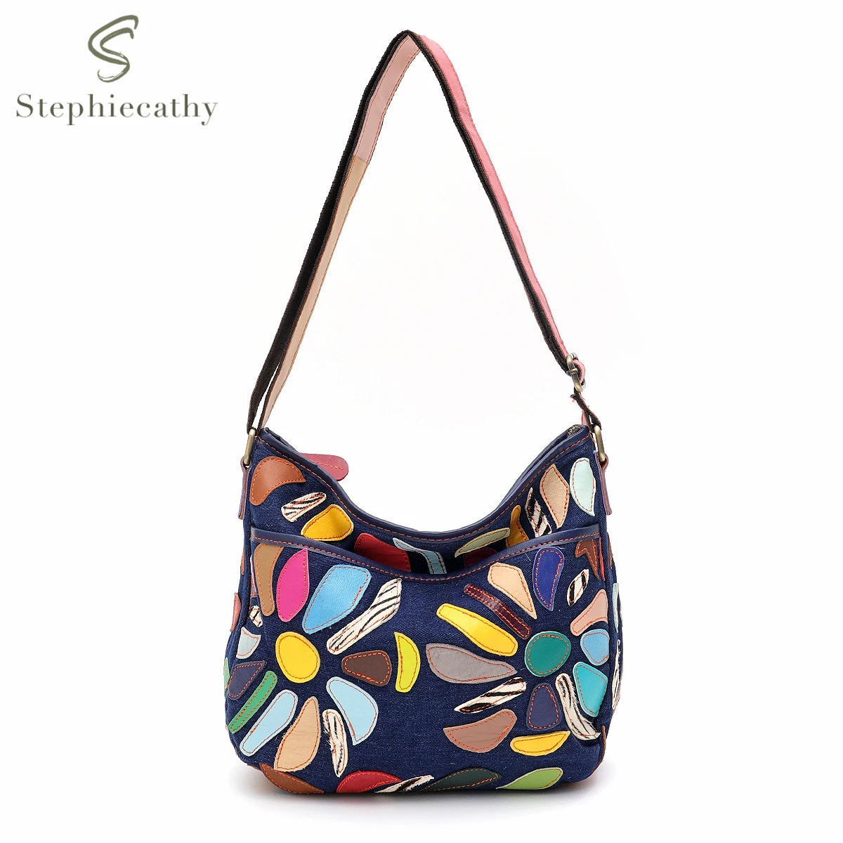 SC Luxury Random Colorful Leather Patchwork Canvas Shoulder Bag for Women Multi Pockets Cross body Handbag Vintage Casual Daily