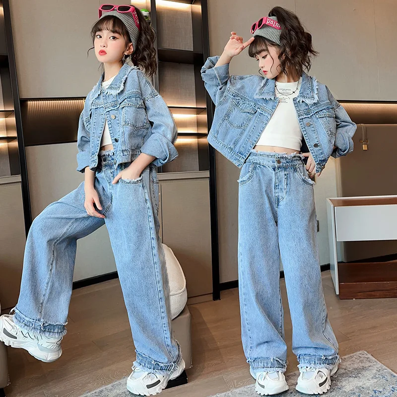 Spring Autumn Girls Clothing Set Jacket & Pants Outfits for Teen 6 8 12 Year Kids Clothes School Children\'s Raw Edge Denim Suits