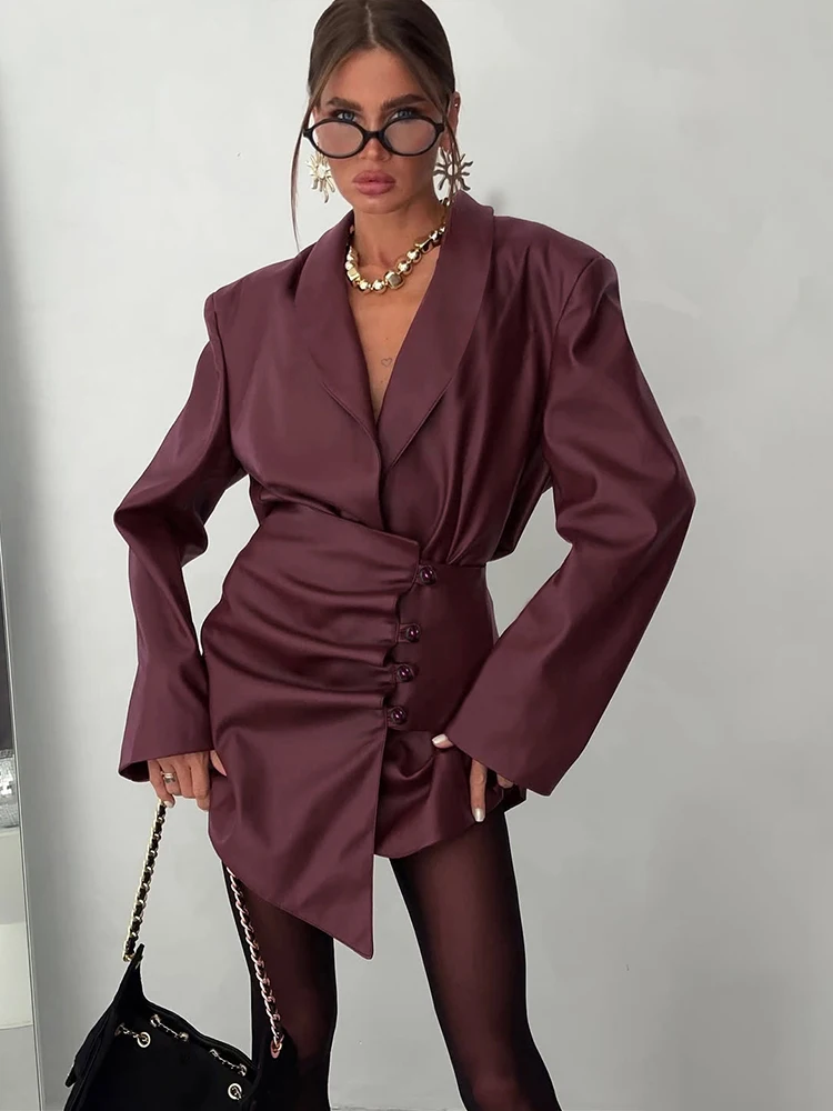 Kliou Set da 2 pezzi in pelle PU Donna con scollo a V Giacca a maniche lunghe con design a bottone singolo + Minigonna irregolare Abito elegante stile ufficio