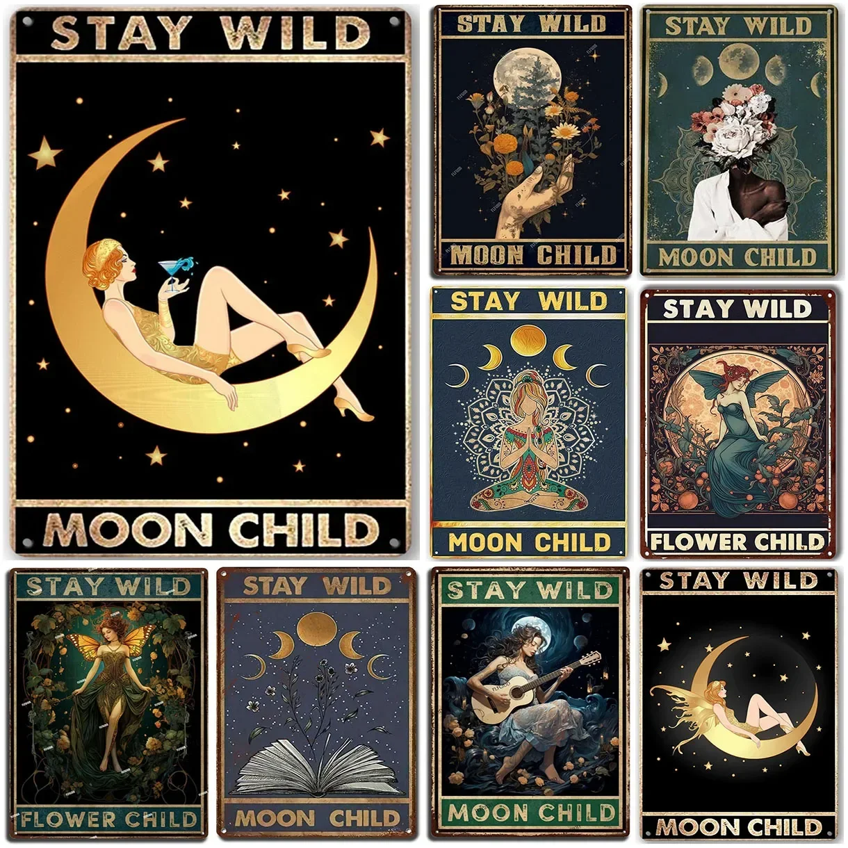 

Metal Tin Signs Stay Wild Moon Child Vintage Tin Signs Metal Decorative Posters for Cafe Bars Living Room Garage Wall Decor