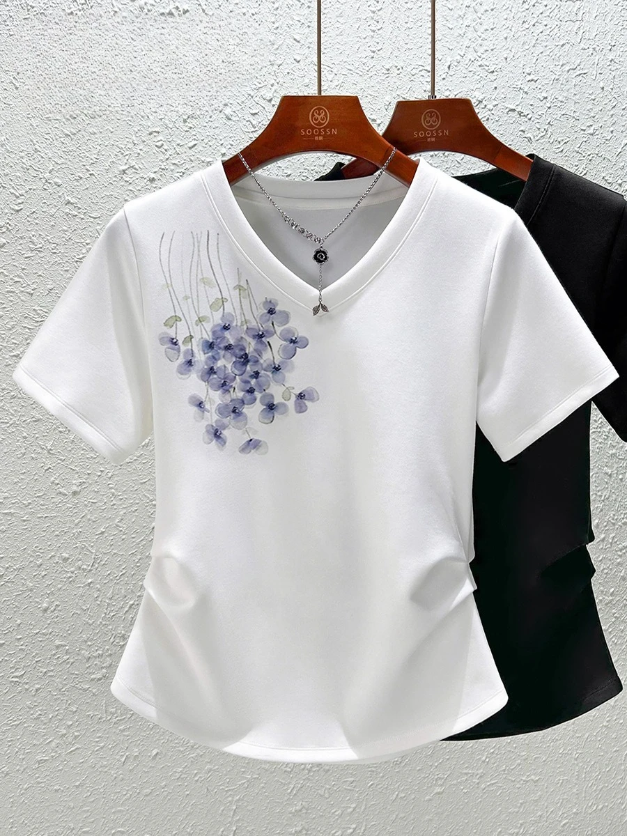 

Women's White Short Sleeve T-shirt 2025 New Summer V Neck Loose Fit Sequins Embroidered Simple Versatile Office Casual