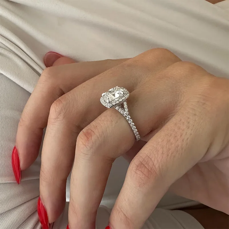 3 Ct Cushion Cut EF/VS VVS Lab Grown Diamond Engagement Ring Platinum 950 Split Shank Pave Halo Engagement Ring For Girls