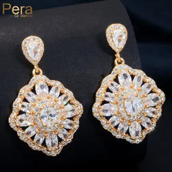 Pera Vintage Nigerian Women Yellow Gold Color Costume Jewelry Big Square Shape Long Dangle Drop Earring with Cubic Zirconia E165