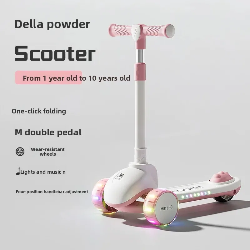 สกู๊ตเตอร์เด็กแบบพับได้ 3 in 1 พร้อมเสียงเพลงและไฟ  แฮนด์บาร์ปรับได้สำหรับการเลี้ยวแบบเอน  ที่นั่งถอดออกได้  ระบบเบรกนิรภัย สำหรับเด็กชายและเด็กหญิง