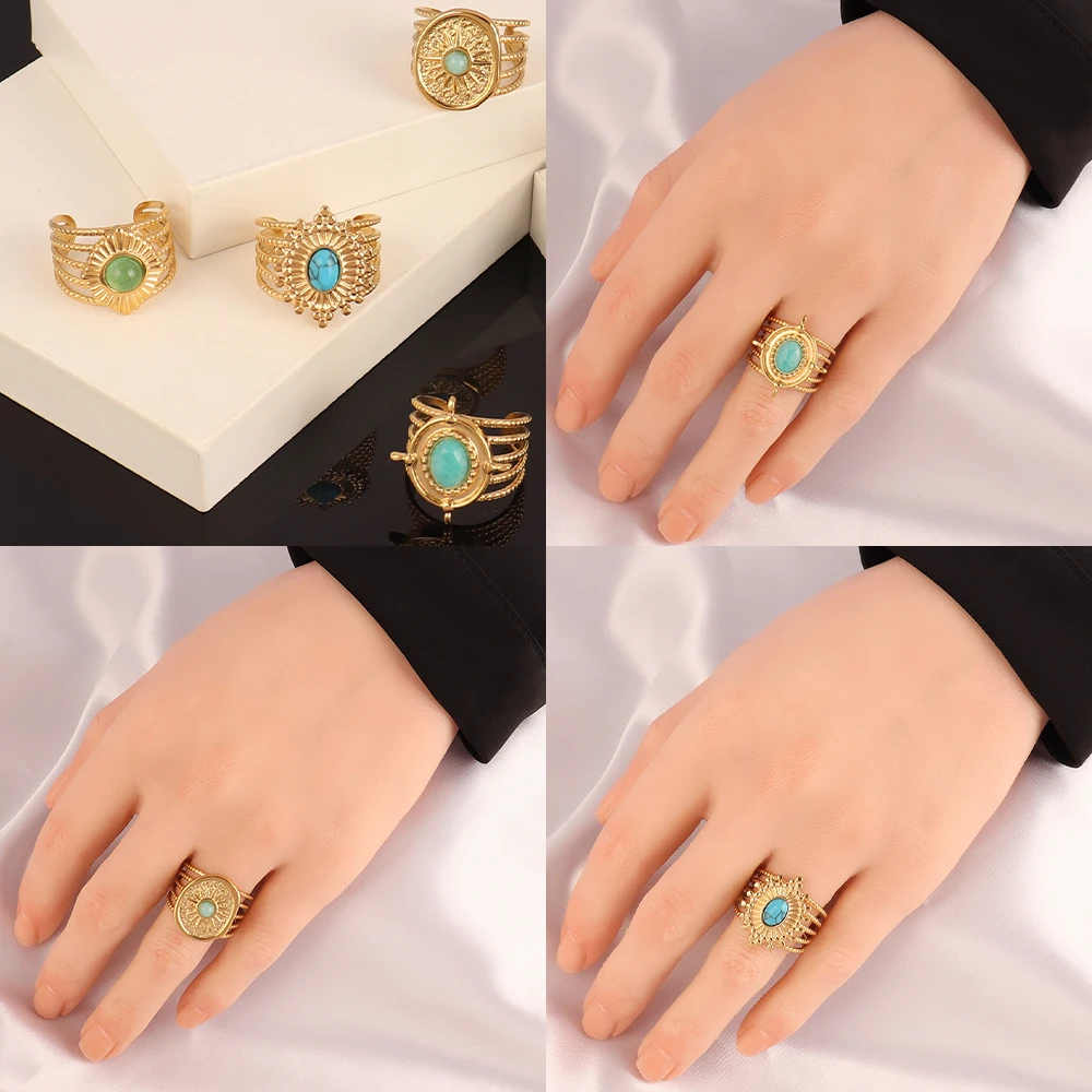 Vintage Geometry Colorful Stone Natural Ring Stainless Steel Ring Turquoise Charms Wide Chain Open Rings For Women Ring Jewelry