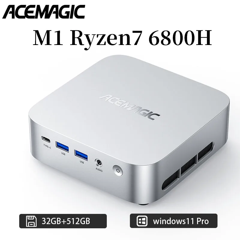 Ryzen7 6800H Mini PC RAM 32GB SSD 512GB التردد الرئيسي 3.2 جيجا هرتز تردد توربو 4.7 جيجا هرتز ذاكرة تخزين مؤقت WiFi 6 + BT5.2 (M.2 2230) ACEMAGIC M1